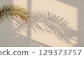Palm leaf creates beautiful shadows on a soft wall, enhancing the tranquil ambiance of the space, ideal for nature-themed projects and interior design inspiration 129373757