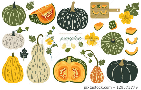 Hand-drawn cute pumpkin material set Hand-drawn cute pumpkin material set 129373779