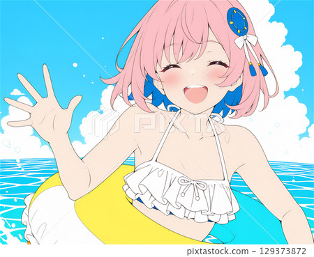 一位身穿比基尼的美女擺姿勢的插圖 129373872