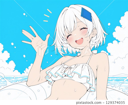 一位穿著泳衣的女孩在海中的插圖 129374035