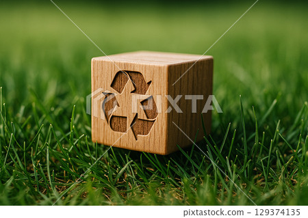 Brown wooden block displaying recycle placed on vibrant green grass 129374135