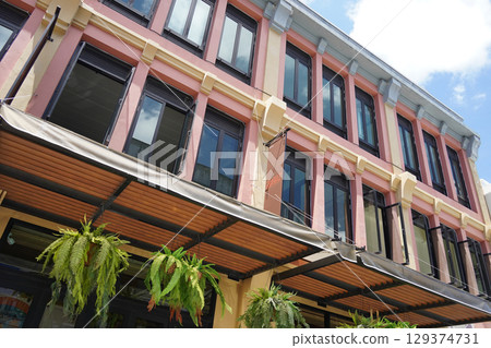 Detailed view of windows, doors and balconies of city buildings  129374731