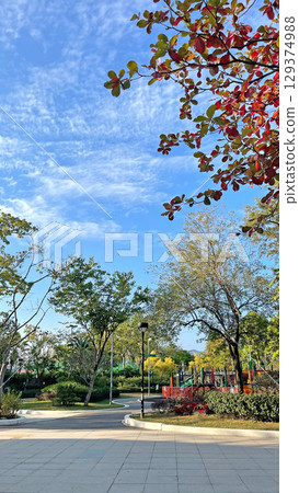 Vertical outdoor park, garden trees with playground equipments,, white cloud and blue sky Vertical outdoor park, garden trees with playground equipments,, white cloud and blue sky 129374988