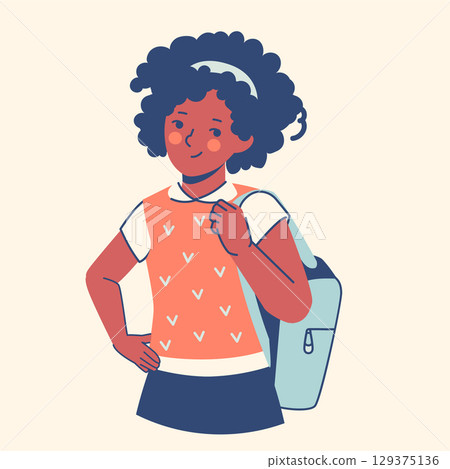 Happy African American schoolgirl with backpack, celebrating diversity in education. Ideal for inclusive school posters, educational apps, and multicultural learning resources in flat vector style 129375136