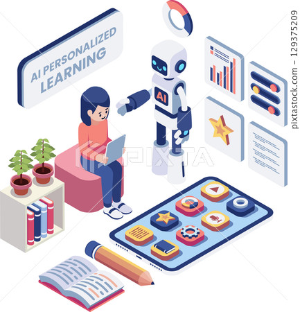 Isometric Robot Assisting Kid with AI Powered Personalized Learning Isometric Robot Assisting Kid with AI Powered Personalized Learning 129375209