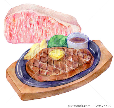 水彩插圖、手繪插圖、高級大理石和牛牛排 129375329