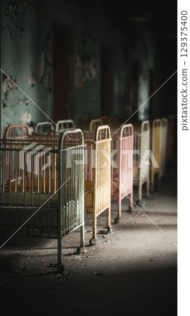 Abandoned hospital cribs, decaying, empty, eerie, nostalgic, peeling paint, moody light Abandoned hospital cribs, decaying, empty, eerie, nostalgic, peeling paint, moody light 129375400