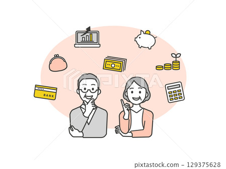 Illustration of a smiling middle-aged couple thinking about household finances and asset management (middle generation, 40s and 50s) 129375628