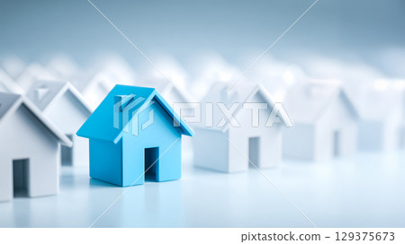 Abstract expression of individuality, a blue house that stands out among white houses, simple composition Abstract expression of individuality, a blue house that stands out among white houses, simple composition 129375673