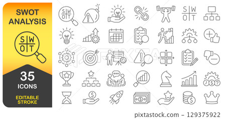 SWOT Analysis Editable Stroke Line Icon Set. Strengths, Weaknesses, Opportunities, and Threats. Business Presentations, Planning, Strategy, Infographics Icons Collection. Vector. Isolated on white SWOT Analysis Editable Stroke Line Icon Set. Strengths, Weaknesses, Opportunities, and Threats. Business Presentations, Planning, Strategy, Infographics Icons Collection. Vector. Isolated on white 129375922