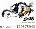 酷炫的馬剪影，2026年新年賀卡插圖和文字，明信片大小橫向AI素材 129375943