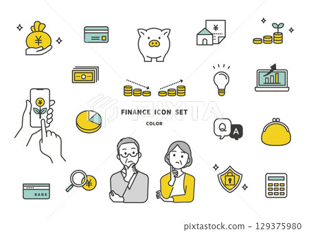 Illustration of a middle-aged couple and an icon set related to money, household finances, and investment (middle generation, 40s and 50s) 129375980