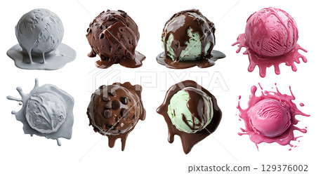 Set of melt melting Ice cream scoop ball, top front view on transparent cutout PNG file. Many different flavour, Double chocolate chip, Mint, Raspberry, sesame. Mockup template for artwork design Set of melt melting Ice cream scoop ball, top front view on transparent cutout PNG file. Many different flavour, Double chocolate chip, Mint, Raspberry, sesame. Mockup template for artwork design 129376002