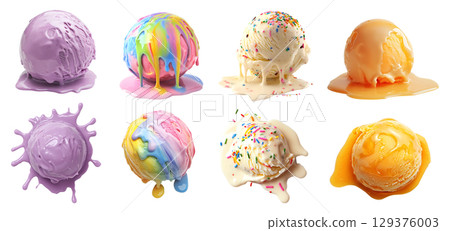 Set of melt melting Ice cream scoop ball, top front view on transparent cutout PNG file. Many different flavour, Rainbow, sprinkle vanilla, orange, grape. Mockup template for artwork design Set of melt melting Ice cream scoop ball, top front view on transparent cutout PNG file. Many different flavour, Rainbow, sprinkle vanilla, orange, grape. Mockup template for artwork design 129376003