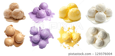Set of pile stack of melt melting Ice cream scoop balls, top front view on transparent cutout PNG. Many different flavour, vanilla, Lemon, Mocha, coffee, coconut. Mockup template for artwork design 129376004