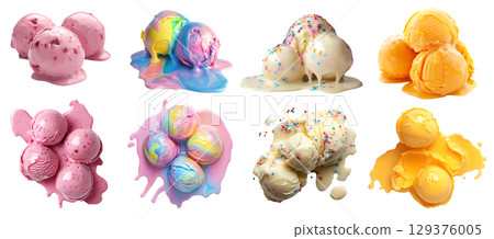 Set of pile stack of melt melting Ice cream scoop balls, top front view on transparent cutout PNG. Many different flavour, Rainbow, sprinkle vanilla, orange, grape. Mockup template for artwork design Set of pile stack of melt melting Ice cream scoop balls, top front view on transparent cutout PNG. Many different flavour, Rainbow, sprinkle vanilla, orange, grape. Mockup template for artwork design 129376005