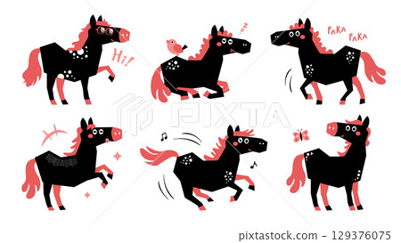 Pop horse character illustration set B Pop horse character illustration set B 129376075