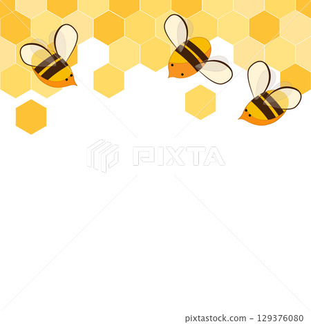 Seamless border pattern with honeycomb and honey bees. Cute beekeeping frame design isolated on white background. Vector illustration Seamless border pattern with honeycomb and honey bees. Cute beekeeping frame design isolated on white background. Vector illustration 129376080