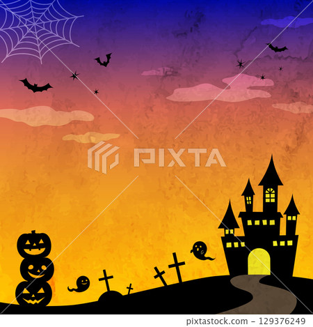 Cute Halloween background illustration with watercolor pumpkin, ghost, castle and bat silhouettes 129376249