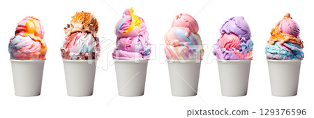 Pastel colourful rainbow Ice cream double triple scoop, white blank empty takeaway paper cup bowl on transparent background cutout, PNG file. Many different flavour Mockup template for artwork design 129376596
