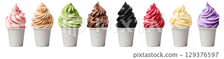 Soft serve Yoghurt Ice cream swirl on white blank empty paper cup bowl on transparent background cutout, PNG file. Many assorted different flavour Mockup template for artwork design 129376597