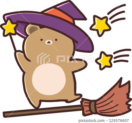 Little witch bear flying in the sky under falling stars Little witch bear flying in the sky under falling stars 129376607