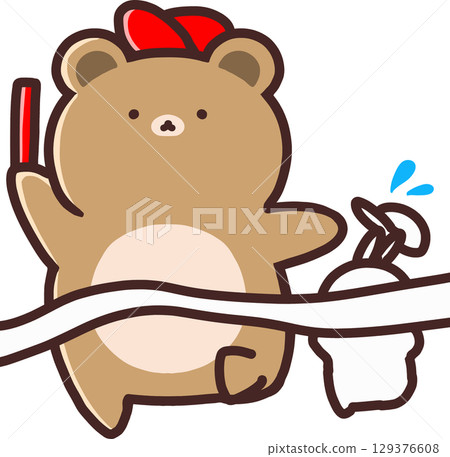 一隻可愛的熊角色衝過終點線 129376608