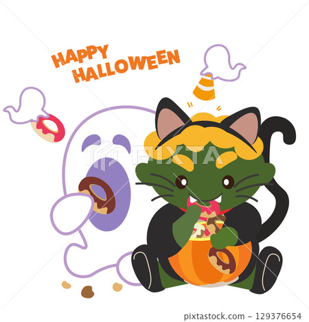 Illustration of a green demon dressed as a black cat for Halloween and a ghost eating a donut next to it 129376654