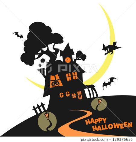 Illustration of the witch returning on a crescent moon night on Halloween 129376655