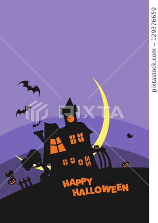 Background illustration of bats flying out of a house on Halloween night 129376659