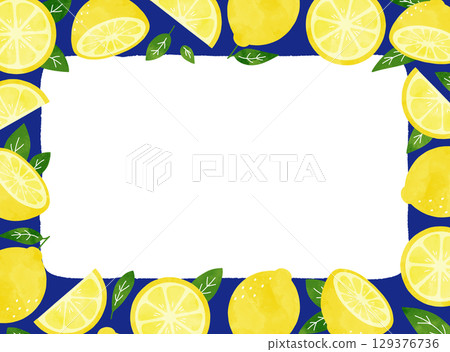 A refreshing summer frame illustration of lemons and leaves painted in watercolor, navy blue A refreshing summer frame illustration of lemons and leaves painted in watercolor, navy blue 129376736