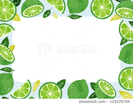 A refreshing summer frame illustration of limes and leaves painted in watercolor. Light blue 129376784