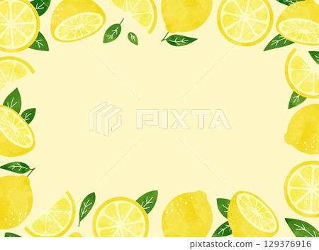 奶油黃色背景上水彩檸檬和樹葉的清爽夏日框架插圖 129376916