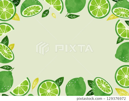 A refreshing summer frame illustration of limes and leaves painted in watercolor on a light green background A refreshing summer frame illustration of limes and leaves painted in watercolor on a light green background 129376972