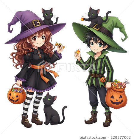 Cute halloween witch girl holding pumpkin basket, anime style, PNG sticker, halloween costume, trick or treat. transparent background 129377002