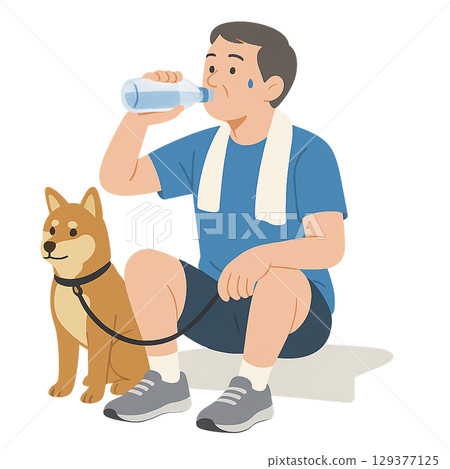 A middle-aged man sitting and drinking water after a walk with his dog A middle-aged man sitting and drinking water after a walk with his dog 129377125