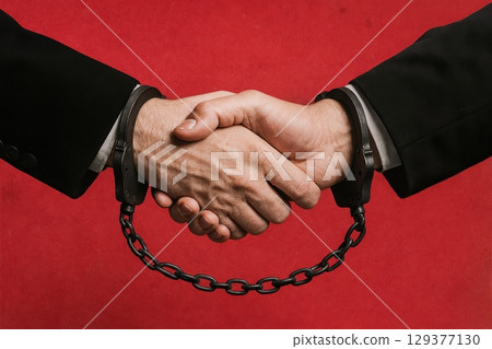 Handshake between two people in suits wearing handcuffs, concept of corruption, conspiracy 129377130