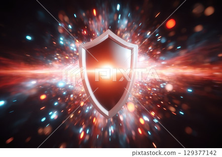 Cybersecurity Shield Glowing in Digital Space with Vibrant Colors and Light Effects Cybersecurity Shield Glowing in Digital Space with Vibrant Colors and Light Effects 129377142