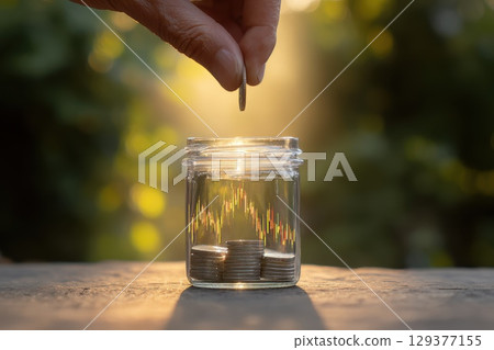 Hand Placing Coin into Transparent Jar with Soft Light and Natural Background 129377155