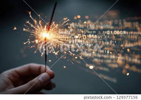 Hand Holding Glowing Sparkler with Bright Sparks and Background of Binary Numbers Hand Holding Glowing Sparkler with Bright Sparks and Background of Binary Numbers 129377156