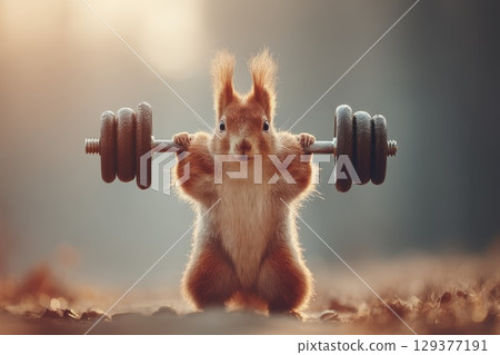 Determined Chubby Squirrel Lifting Weights with Focused Eyes in a Soft Natural Light Background 129377191