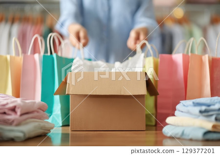 Happy Customer Unpacking Box with Colorful Shopping Bags in Retail Environment Happy Customer Unpacking Box with Colorful Shopping Bags in Retail Environment 129377201