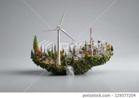 Futuristic Cityscape Powered by Renewable Energy with Wind Turbines and Greenery 129377204