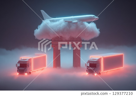 A white airplane is flying through a cloud of smoke 129377210