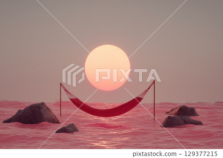 Surreal Neon Hammock Floating in Midair Above Dreamy Ocean at Sunset Surreal Neon Hammock Floating in Midair Above Dreamy Ocean at Sunset 129377215