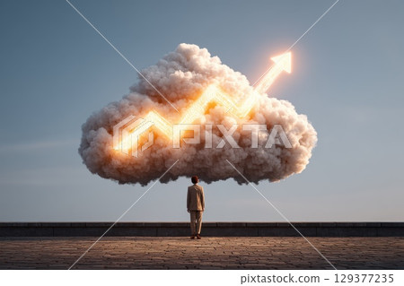 Businessperson Standing on Rooftop with Glowing Arrow Above Cloud Representing Growth and Success Businessperson Standing on Rooftop with Glowing Arrow Above Cloud Representing Growth and Success 129377235