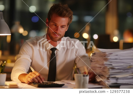 Businessman in Tie Working Late at Night with Calculator Surrounded by Paperwork Businessman in Tie Working Late at Night with Calculator Surrounded by Paperwork 129377238