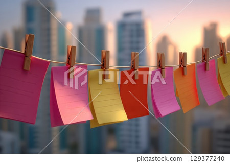 Colorful Notes Pinned on Line Against Urban Skyline Background in Soft Sunset Lighting Colorful Notes Pinned on Line Against Urban Skyline Background in Soft Sunset Lighting 129377240
