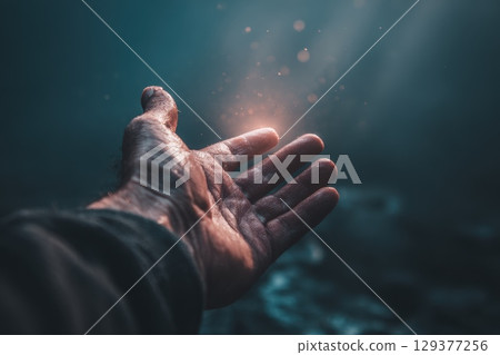 Hand Reaching Toward Distant Light in Darkness Inspires Hope and Spiritual Awakening Hand Reaching Toward Distant Light in Darkness Inspires Hope and Spiritual Awakening 129377256
