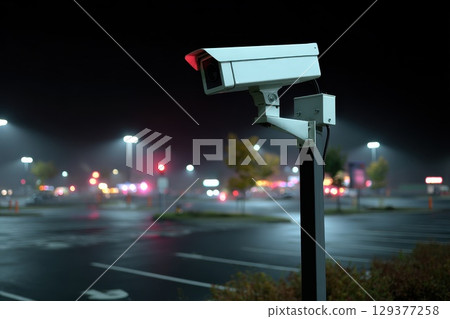 Surveillance Camera Focused on Vehicle at Night in Parking Lot with Reflective Surface Surveillance Camera Focused on Vehicle at Night in Parking Lot with Reflective Surface 129377258
